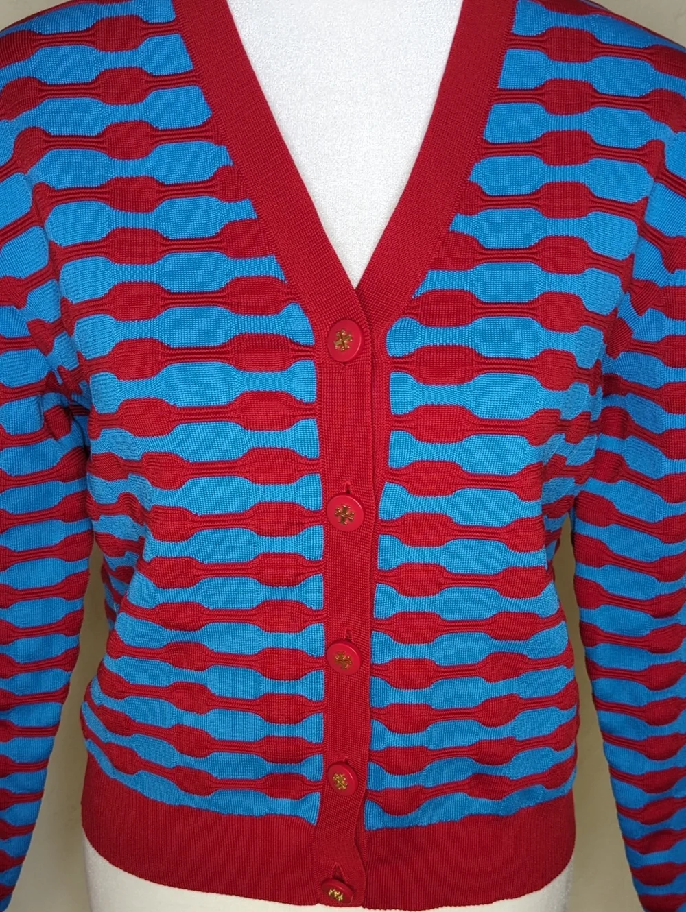 LIKE NEW Tory Burch Red & Blue Bubble Stripe Long Sleeve Cardigan Size XS